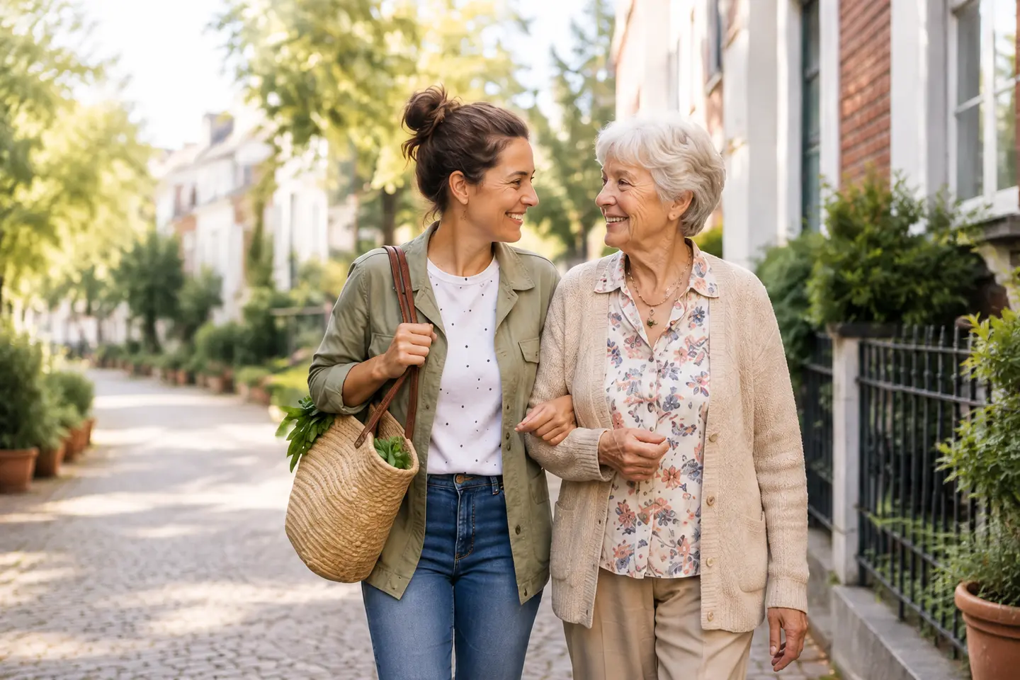 Eine Alltagshelferin begleitet eine Seniorin auf einem Spaziergang